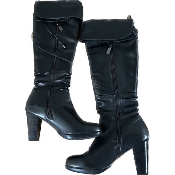 Blondi Knee High Tall Black Leather Heeled Boots Size 8.5 Zip up calf & Lace up - Picture 2 of 13